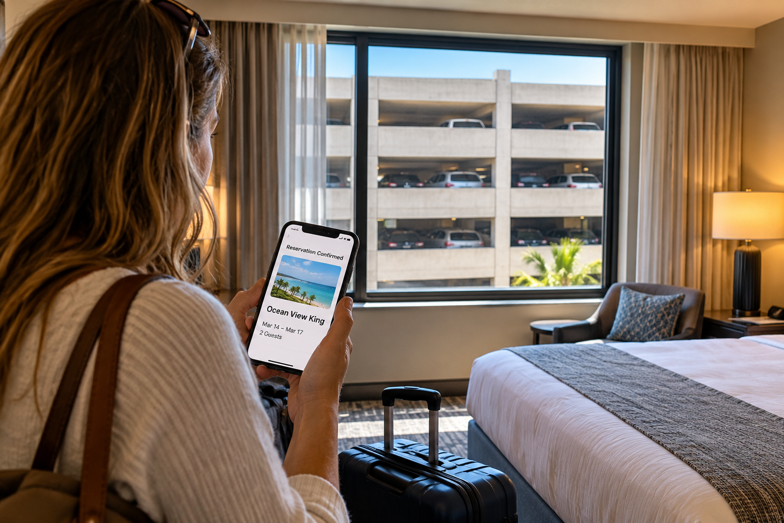 Traveler in a hotel room holding a confirmation for an Ocean View King while the room window overlooks a parking garage.