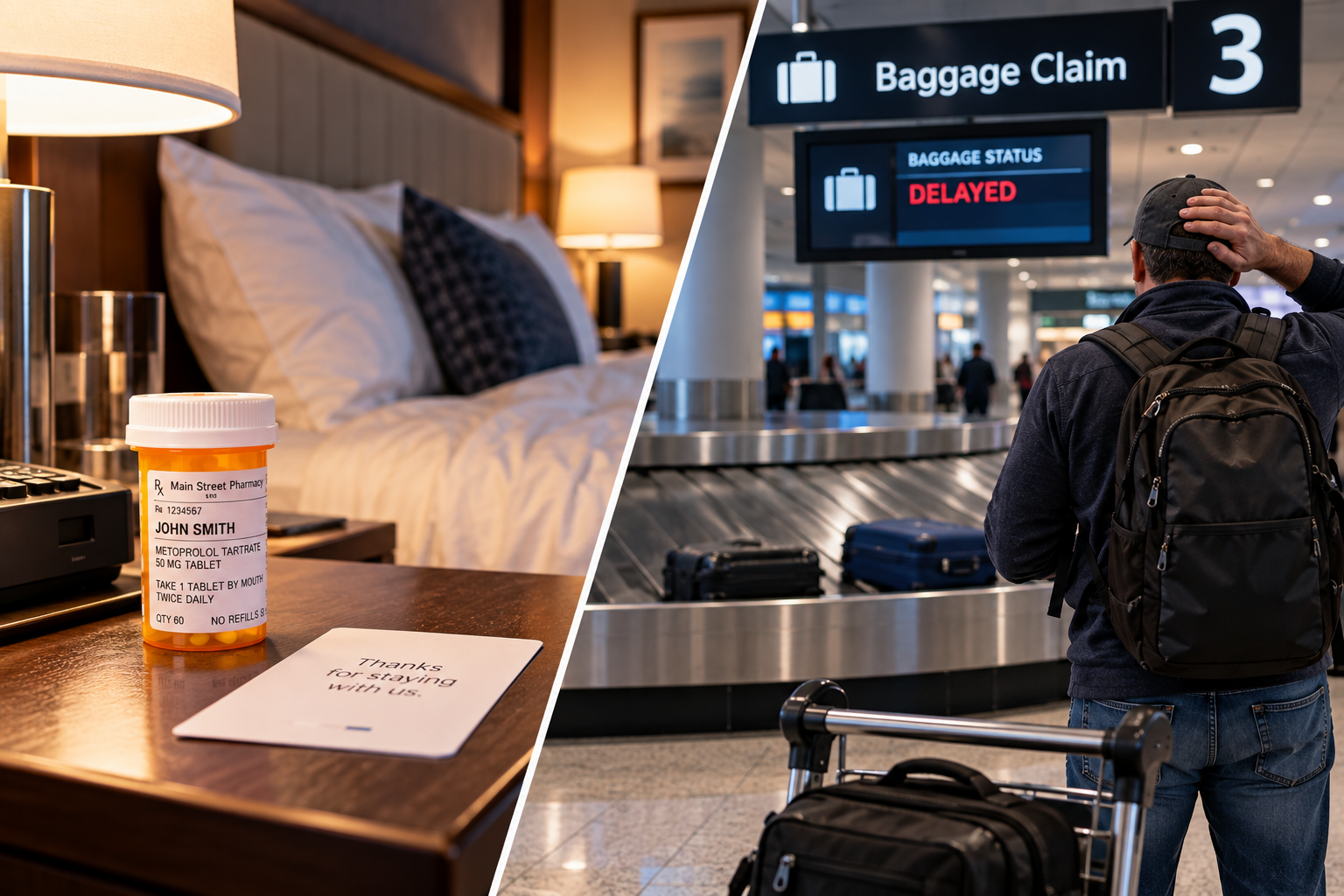 Split-screen showing prescription medication left in a hotel room and a traveler waiting for delayed checked baggage at an airport.