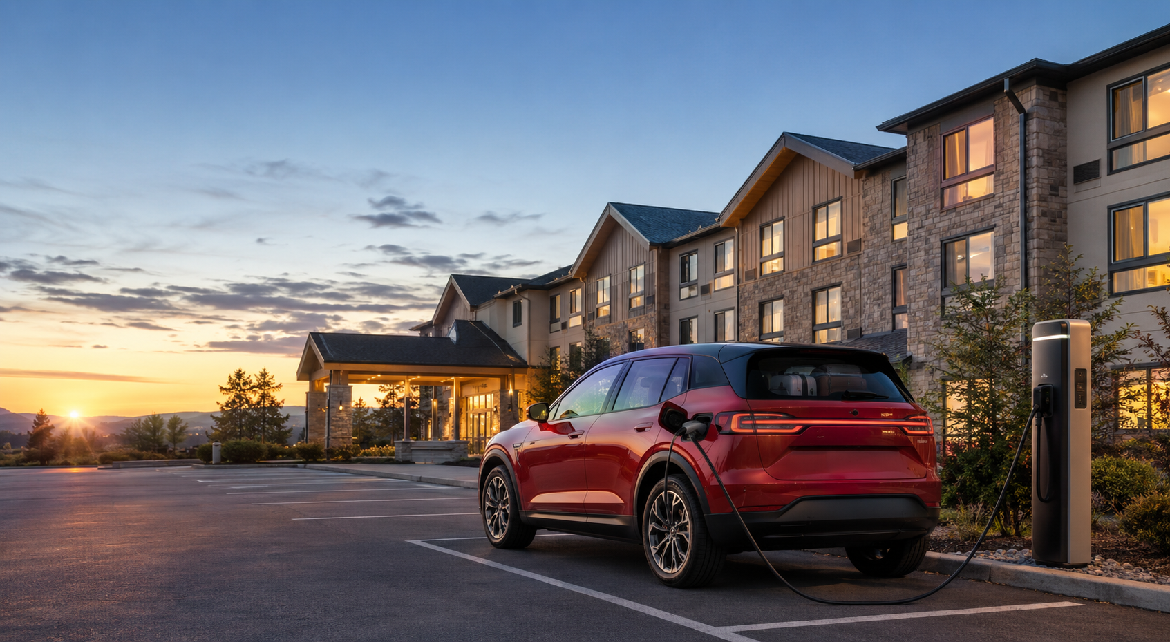 Red electric vehicle charging outside a hotel in the early morning before another day of road-trip travel.