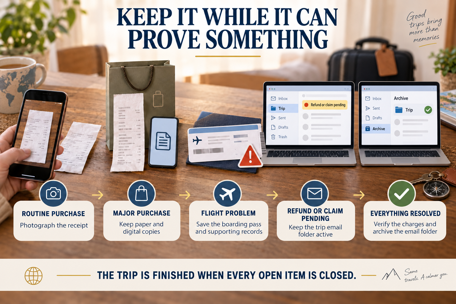 Travel-record guide showing when to photograph receipts, retain major-purchase records, save boarding passes after flight problems, keep a trip email folder active during unresolved claims and archive it after everything is settled.