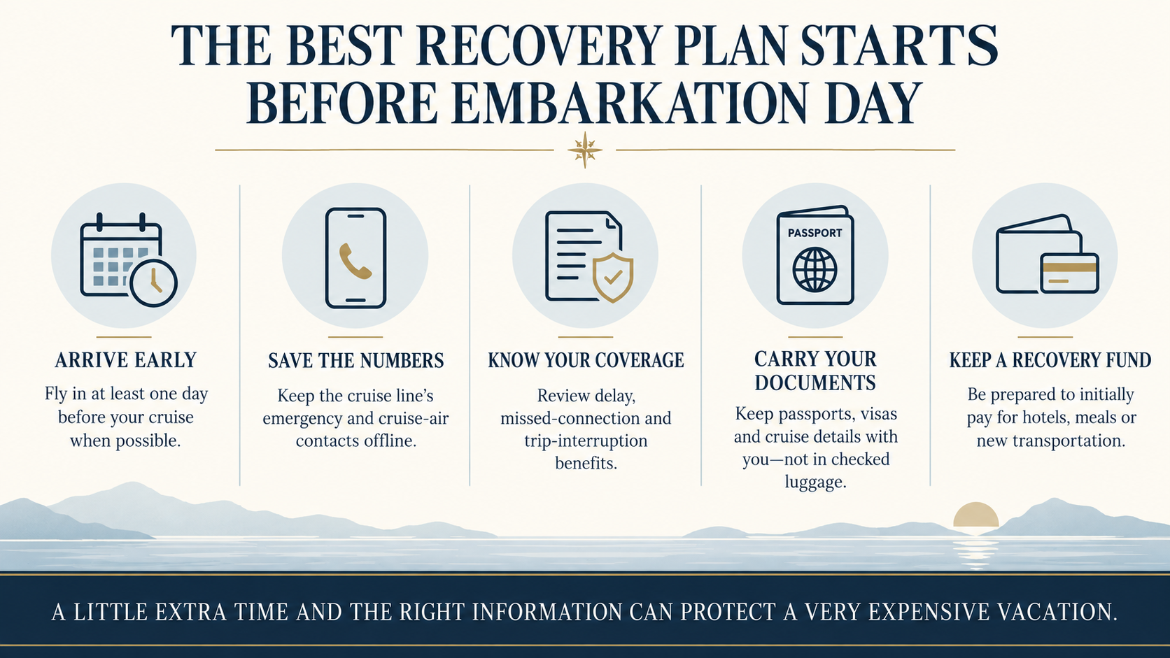 Cruise embarkation preparation infographic recommending early arrival, saved emergency contacts, insurance review, accessible documents and a recovery fund.