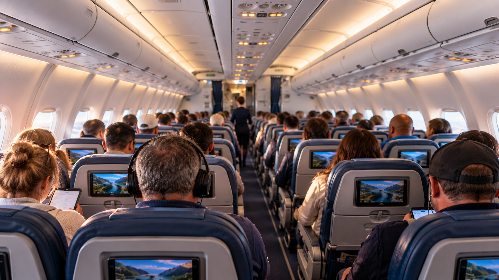 Passengers seated in a 3-3 economy cabin during a daytime flight, showing how small choices can make ordinary air travel more comfortable.