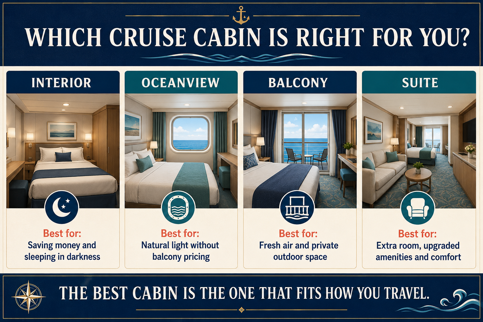 Cruise cabin comparison showing interior, oceanview, balcony and suite accommodations with the type of traveler each option may suit best.