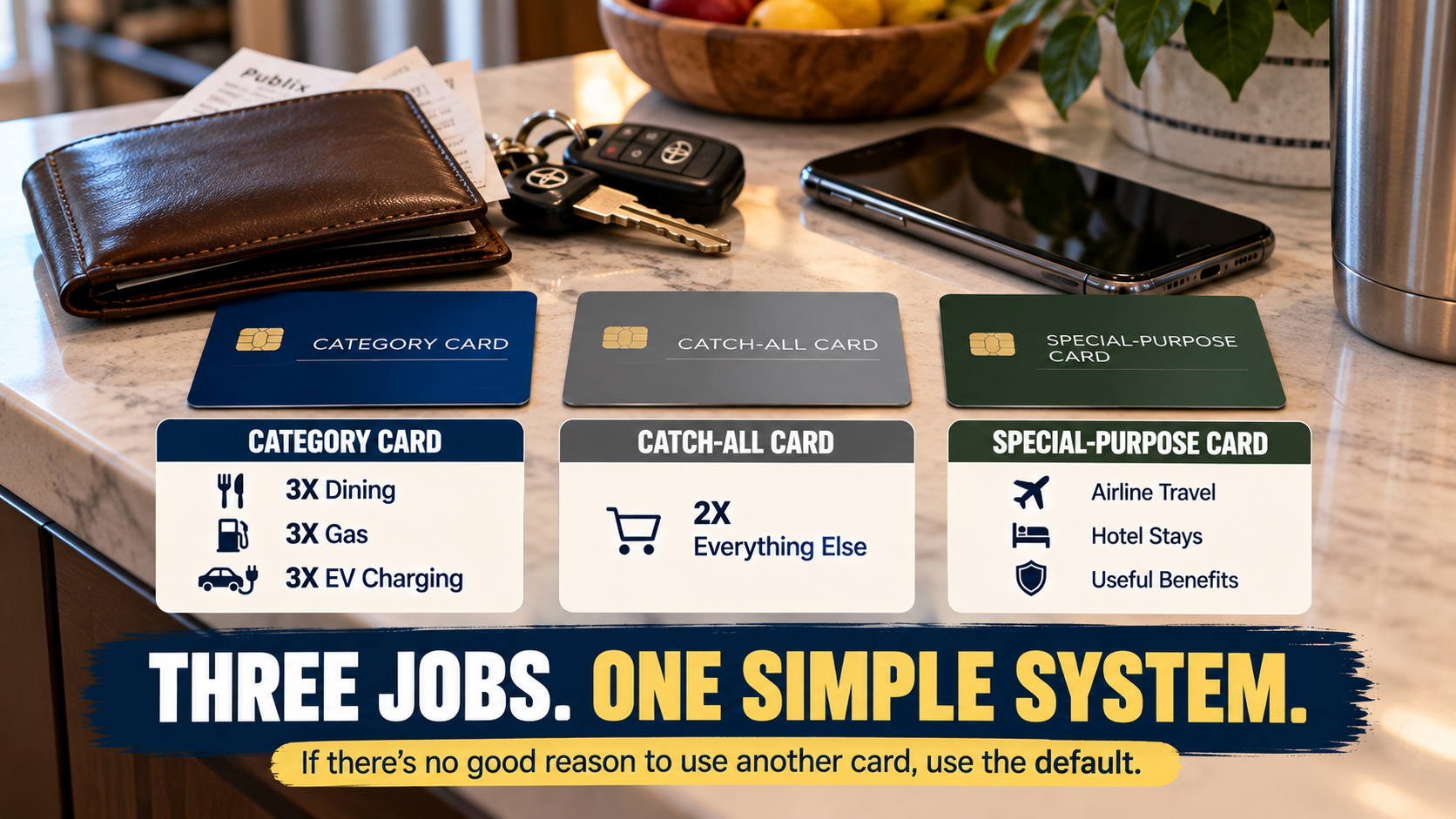 Three everyday credit cards arranged beside a wallet, keys and phone, illustrating a simple rewards system with a category card, catch-all card and special-purpose card.