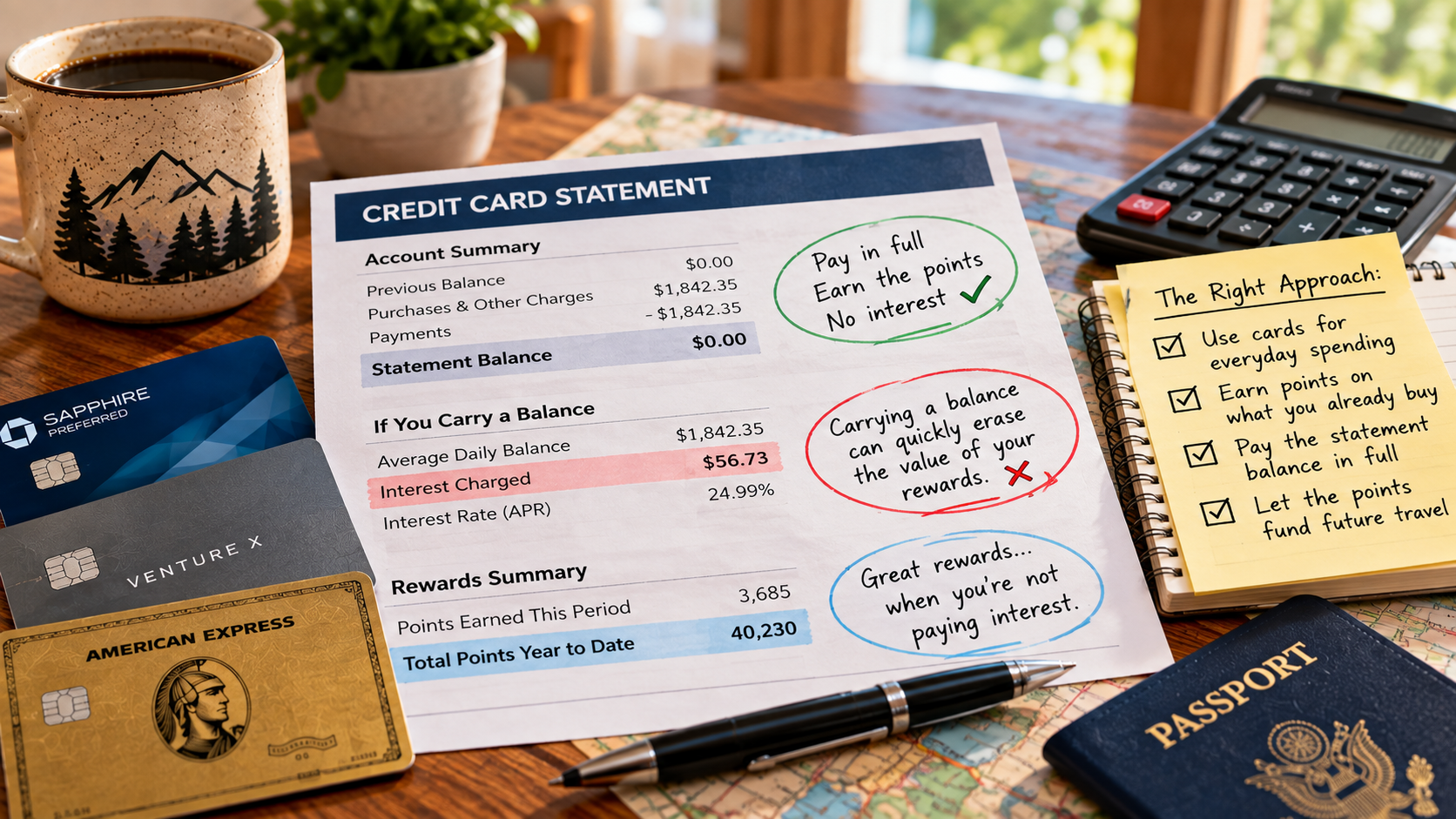 Credit-card statement illustrating how interest charges can overwhelm the value of travel rewards, with a reminder to pay the statement balance in full and avoid interest.
