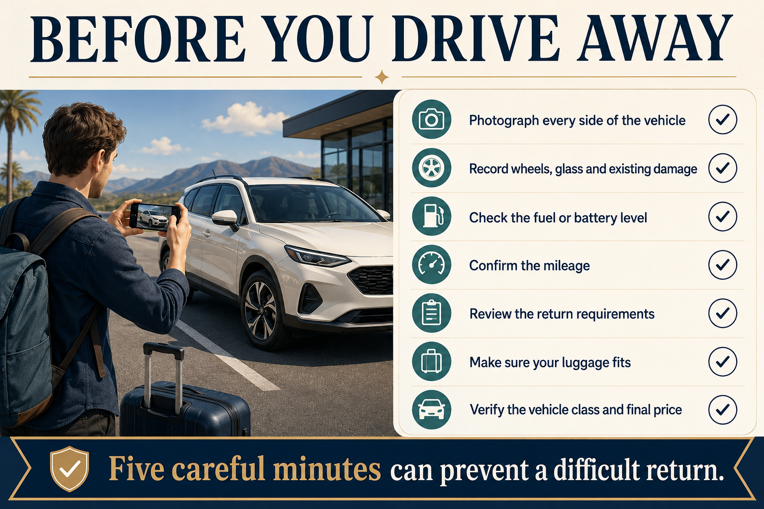Seven-point rental-car pickup checklist covering photographs, existing damage, fuel or battery level, mileage, return requirements, luggage capacity and final price.