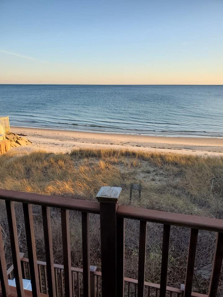 Ocean view from the deck of a beachfront Cape Cod vacation home during a family Thanksgiving trip.