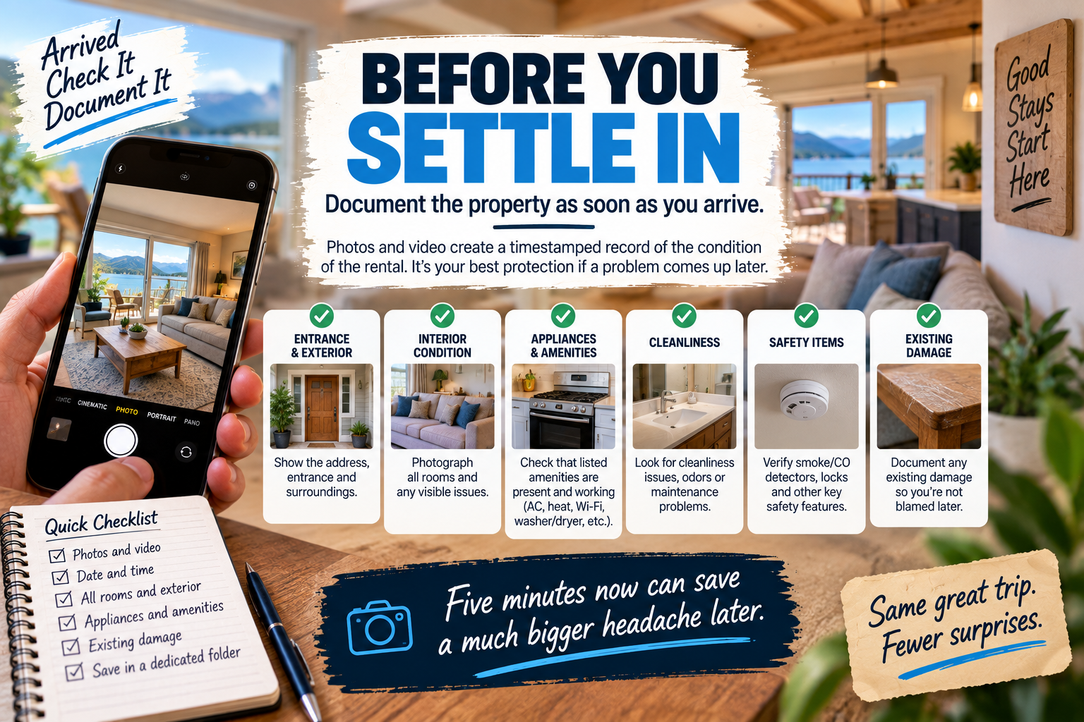 Vacation rental arrival checklist encouraging guests to photograph the entrance, interior condition, appliances and amenities, cleanliness, safety items and existing damage shortly after arriving.