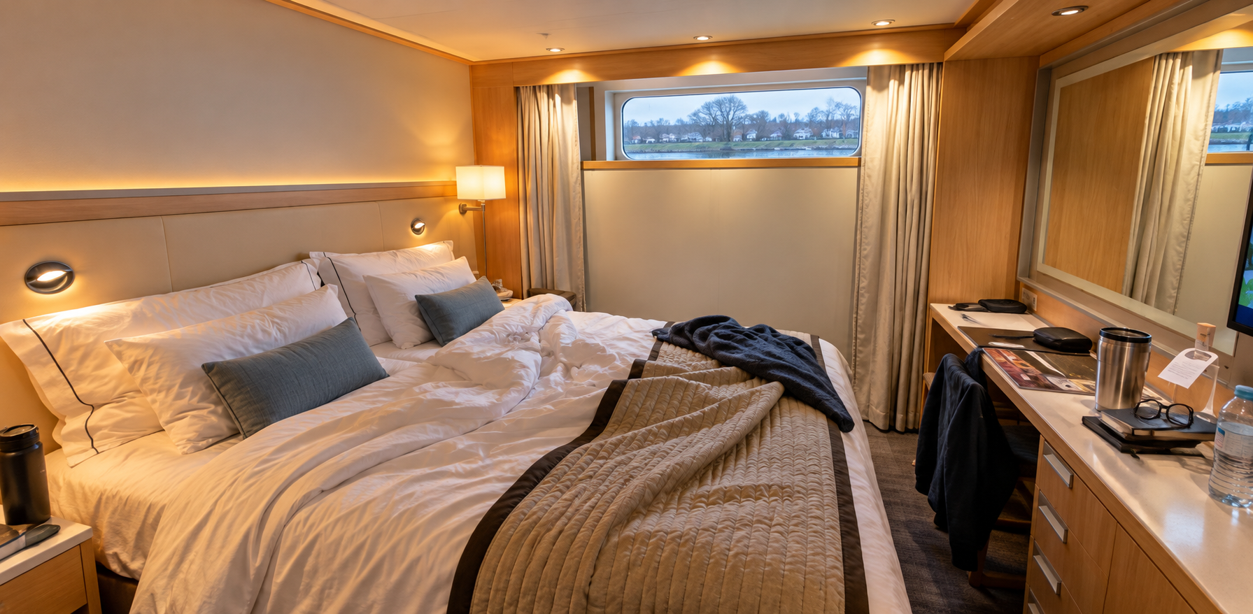 Lived-in Standard stateroom aboard a Viking-style river cruise ship, with an unmade bed, personal belongings, and a winter riverside view.