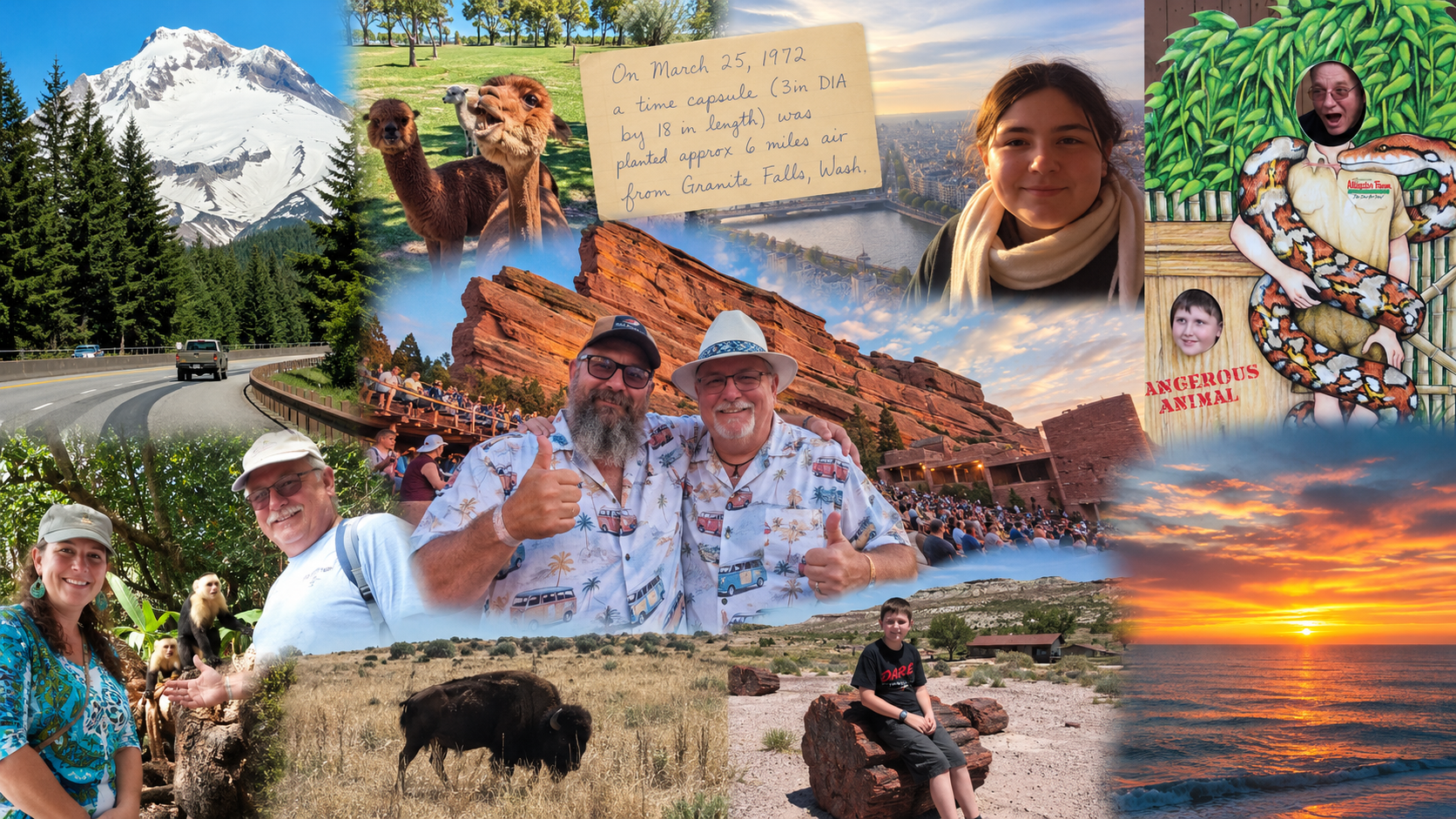 Collage of personal travel photographs from different trips and years, including family moments, wildlife, landscapes, a handwritten note and other memories that tell stories beyond the pictures.