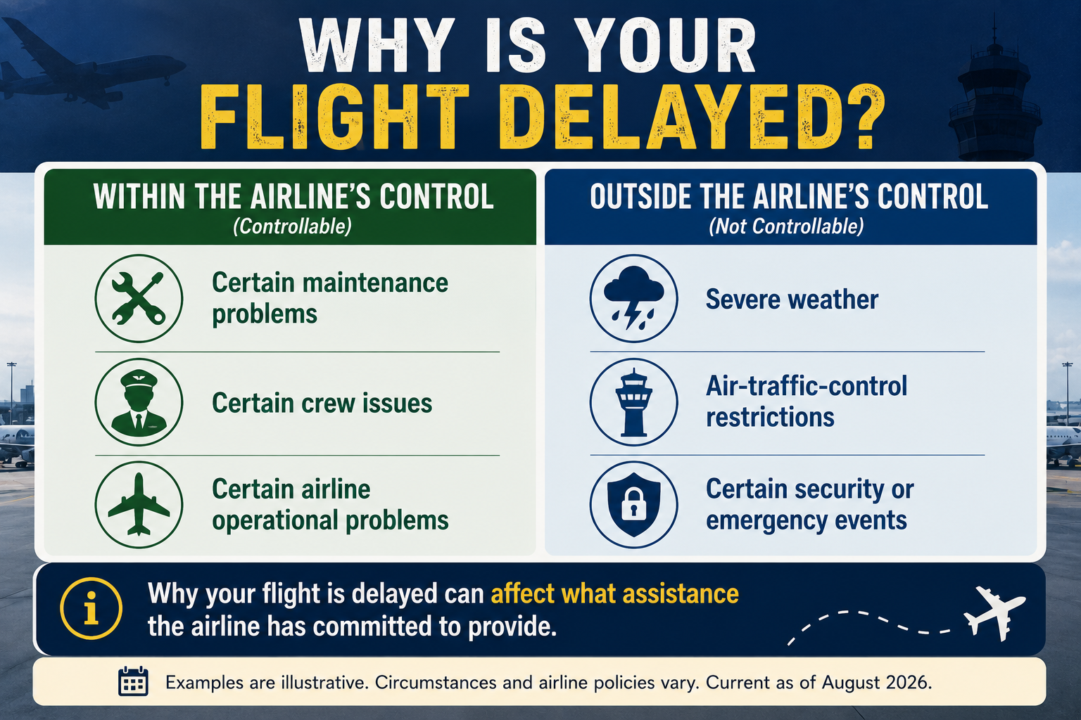 Comparison of flight-delay causes within an airline's control, such as maintenance and crew issues, versus causes outside its control, including severe weather and air-traffic-control restrictions.