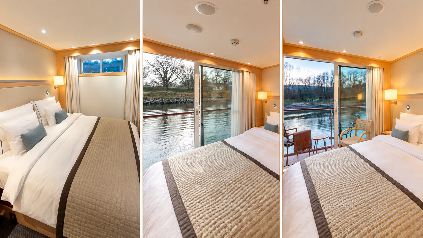 Side-by-side comparison of three Viking Longship staterooms showing a Standard cabin with a fixed window, a French Balcony cabin with an opening glass door, and a Veranda cabin with private outdoor seating.