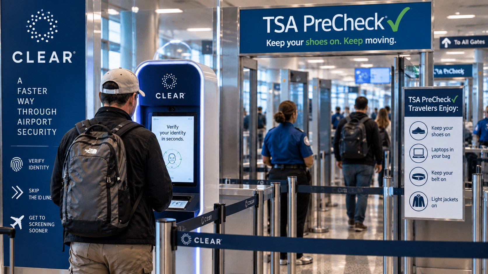 Traveler using CLEAR identity verification before proceeding toward a TSA PreCheck security lane.