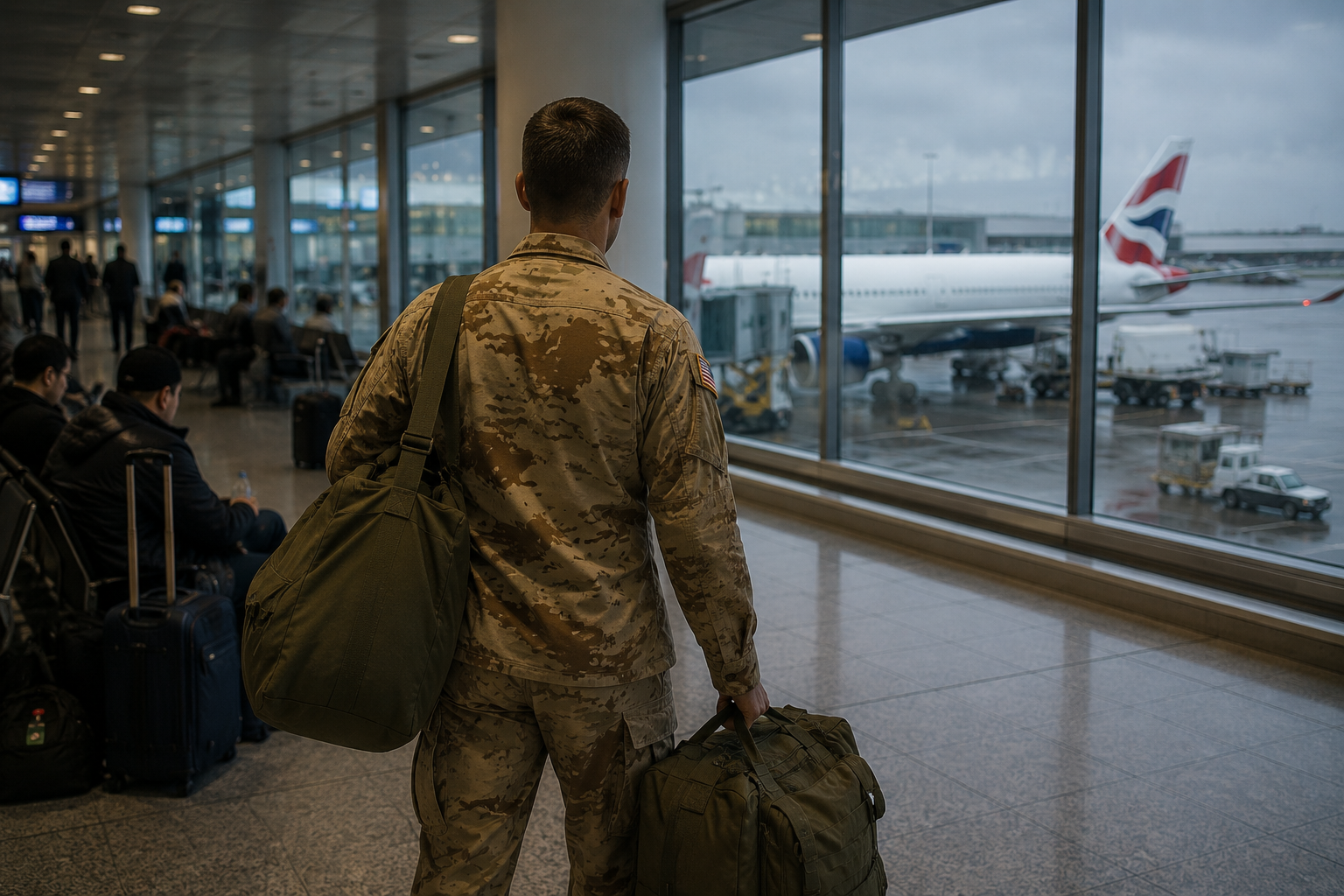 U.S. servicemember in camouflage uniform traveling through London Heathrow after returning from a deployment in Kuwait in winter 2002.
