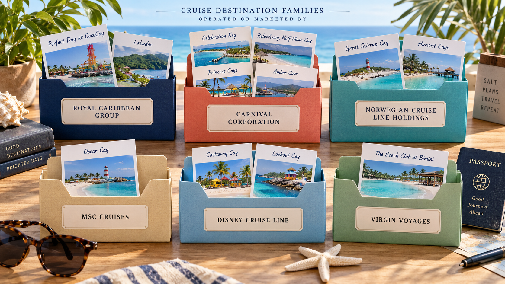Cruise-destination family tree connecting Royal Caribbean Group, Carnival Corporation, Norwegian Cruise Line Holdings, MSC Cruises, Disney Cruise Line and Virgin Voyages with their private destinations.