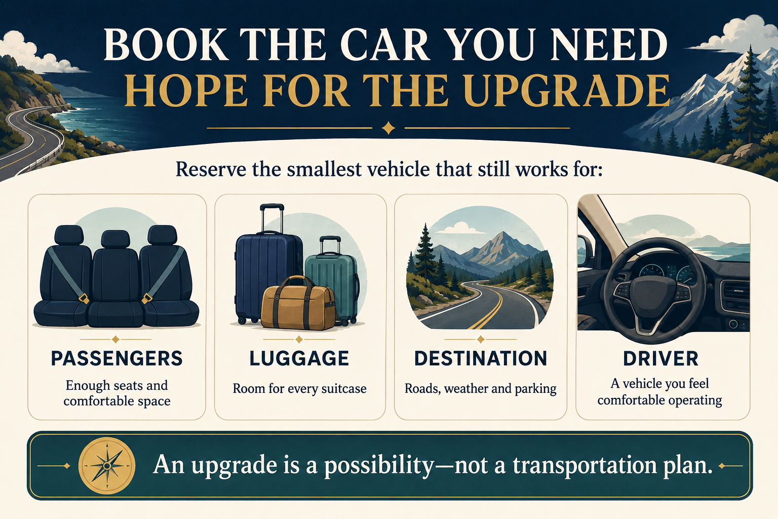 Rental-car planning graphic advising travelers to reserve the smallest vehicle that still accommodates their passengers, luggage, destination and driving comfort rather than depending on an upgrade.