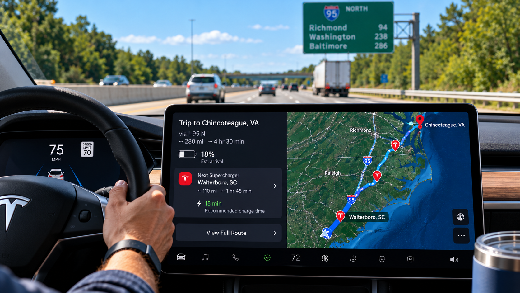 View from inside a Tesla traveling on the interstate with navigation displaying a long-distance route and planned charging stops.