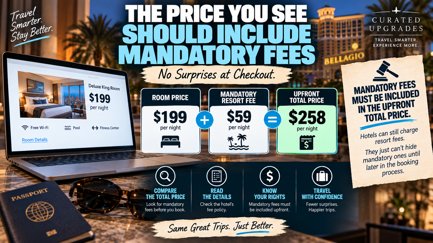 Hotel pricing infographic showing $199 room rate plus $59 mandatory fees