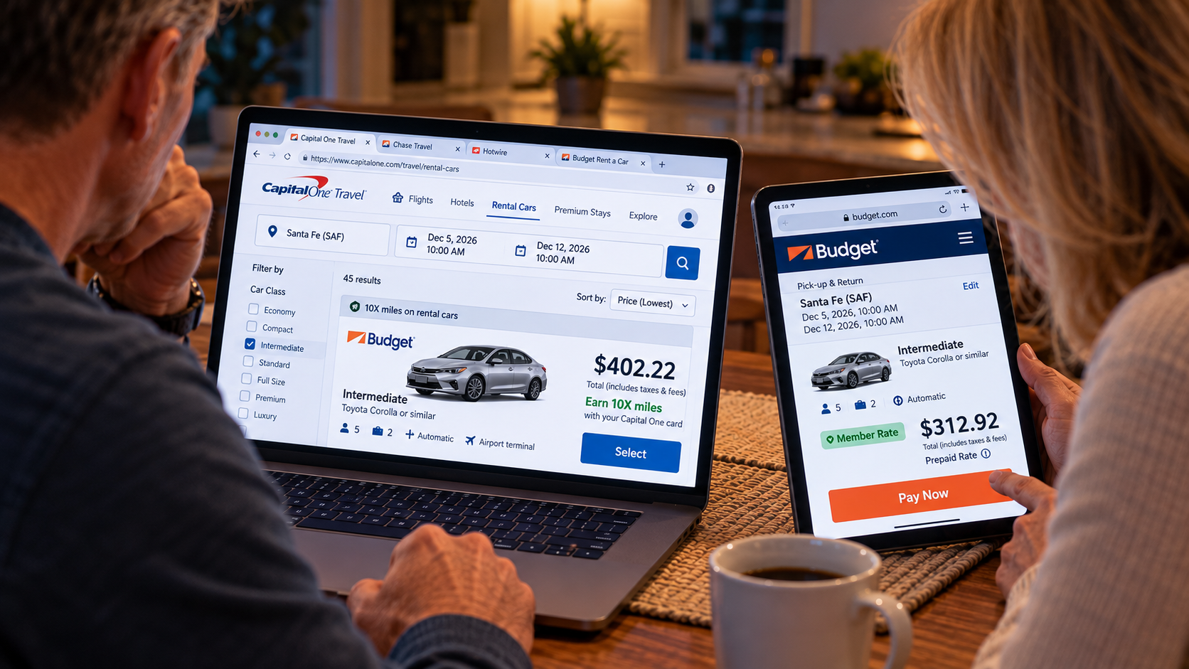 Couple comparing rental car prices for the same Santa Fe trip, including a Budget direct member rate and a higher Capital One Travel portal rate.