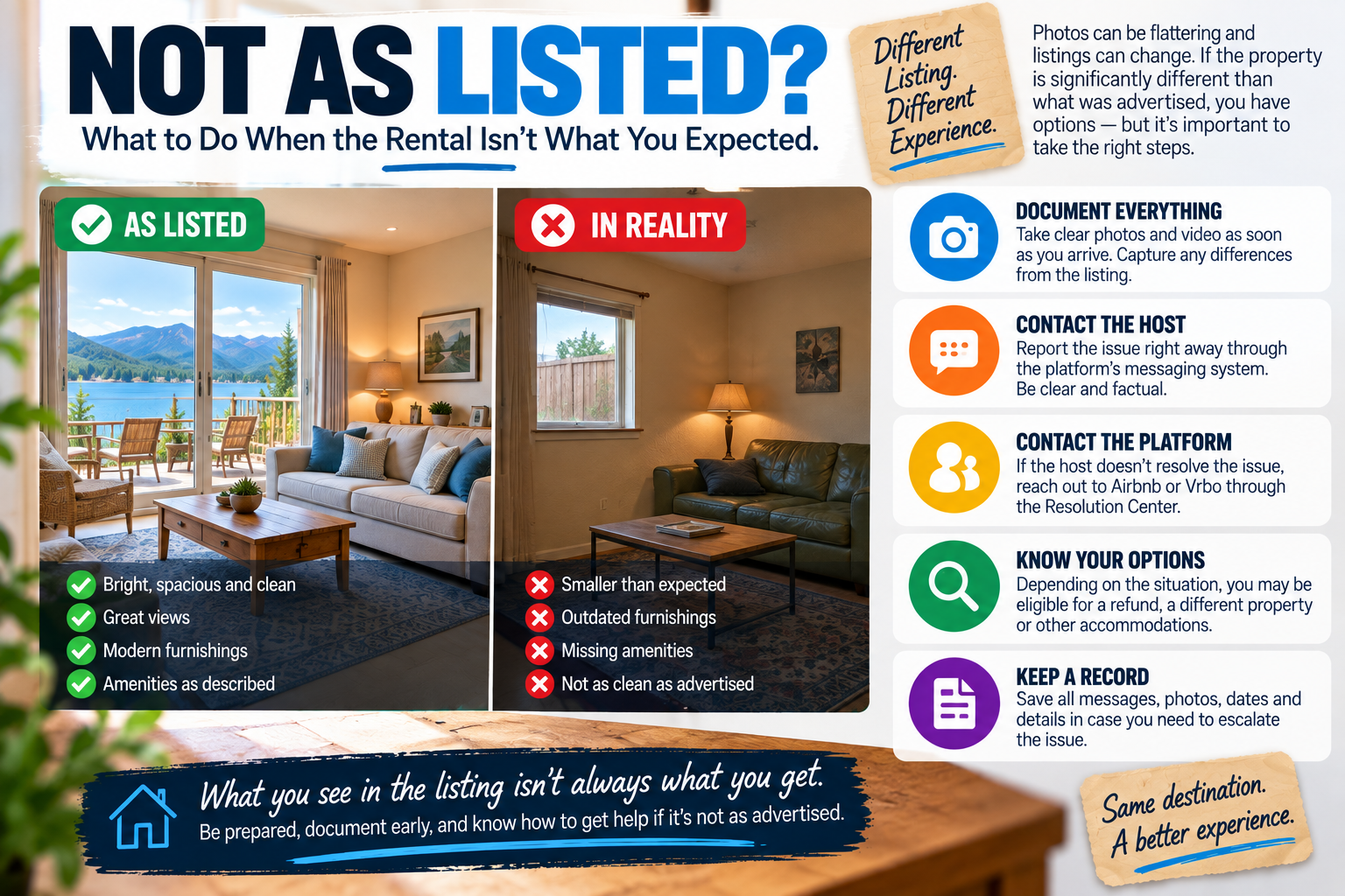 Side-by-side vacation rental comparison showing an attractive property as advertised versus a significantly different actual property, with steps to document the differences, contact the host and involve the booking platform if necessary.