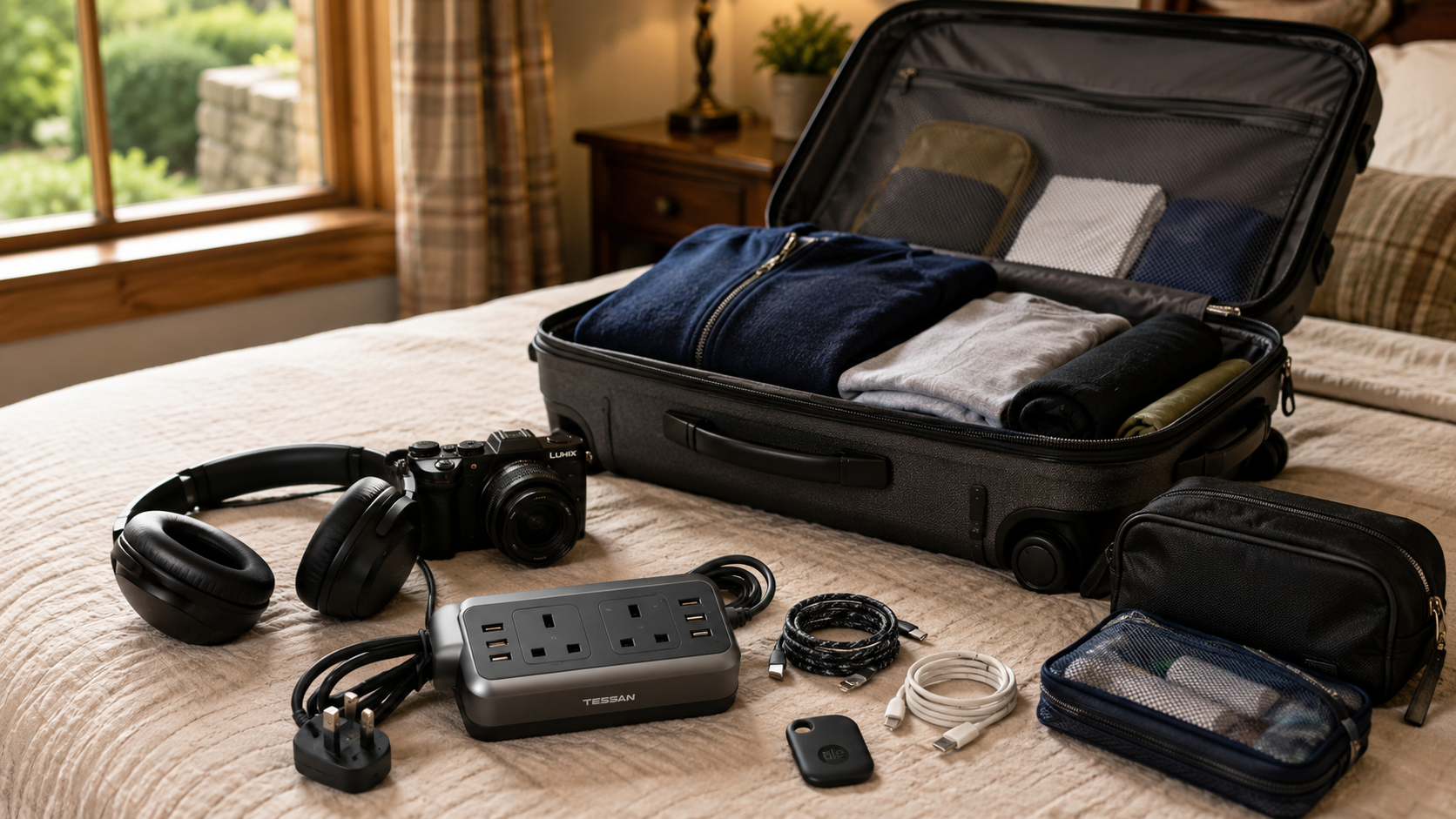 Open suitcase being packed with practical travel gear including headphones, camera, charging equipment and everyday travel essentials.