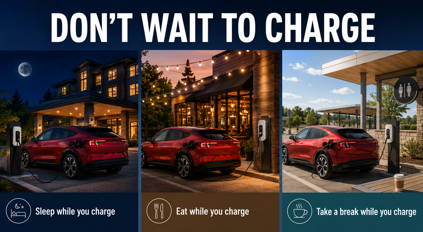 Three EV charging scenes showing a vehicle charging overnight at a hotel, during dinner and during a normal coffee or restroom break.