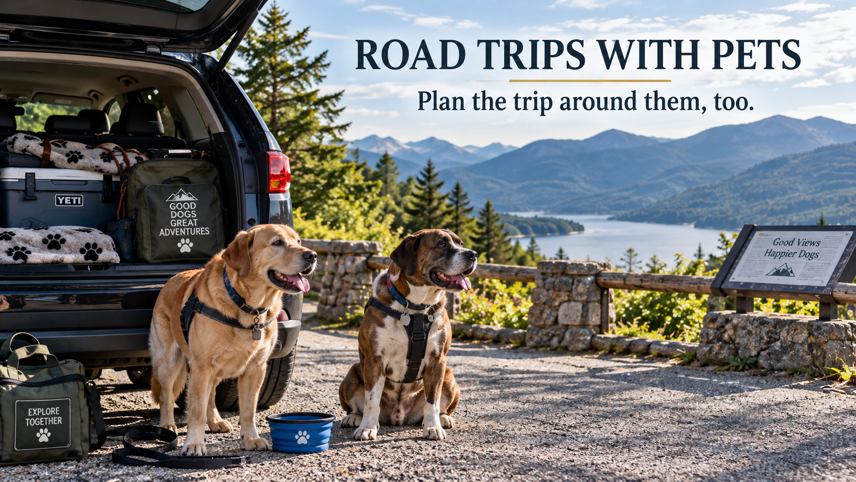 Vehicle packed with luggage and pet supplies for a road trip with two dogs.