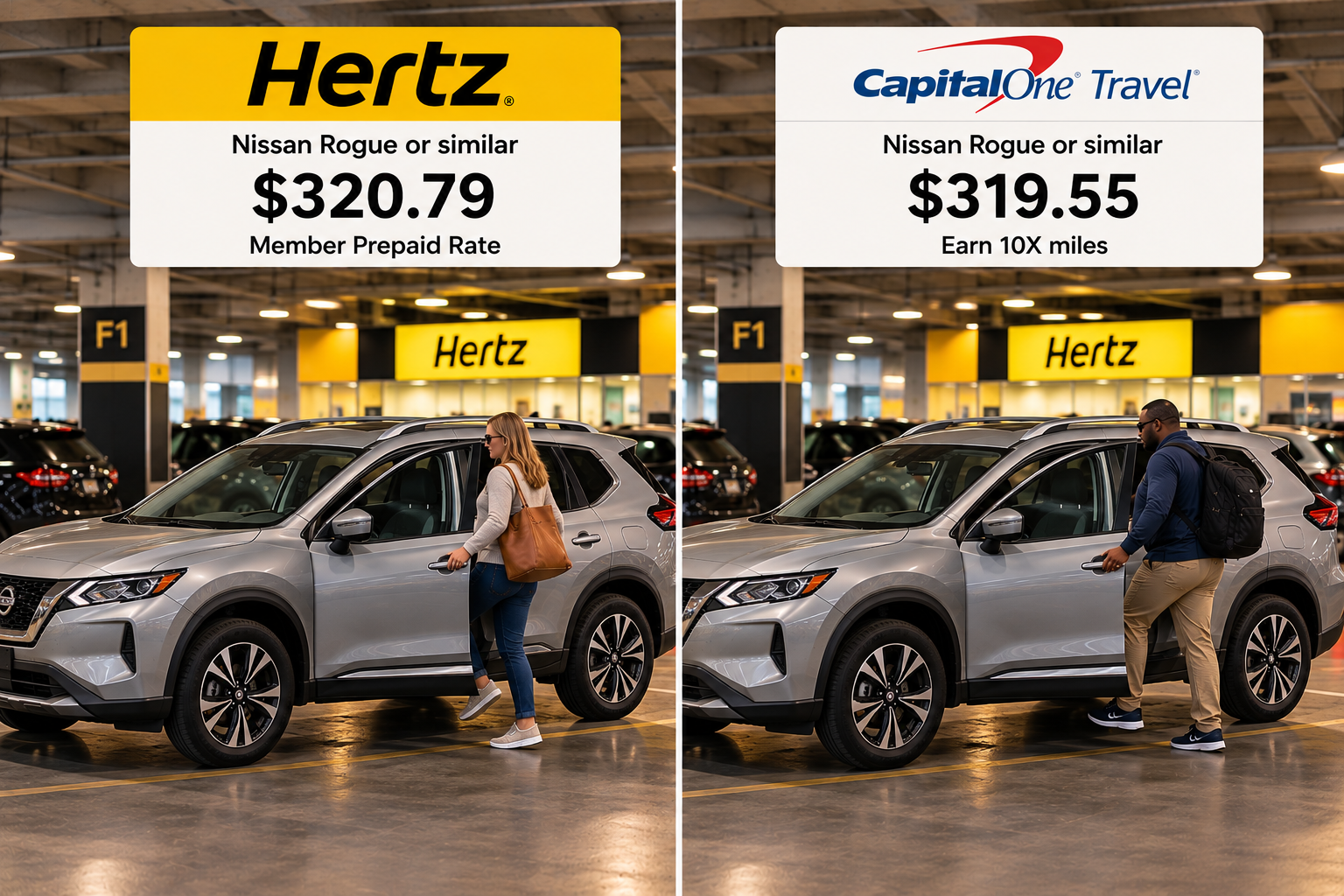 Side-by-side comparison of the same Hertz Nissan Rogue rental at Minneapolis-St. Paul, priced at $320.79 through Hertz and $319.55 through Capital One Travel.