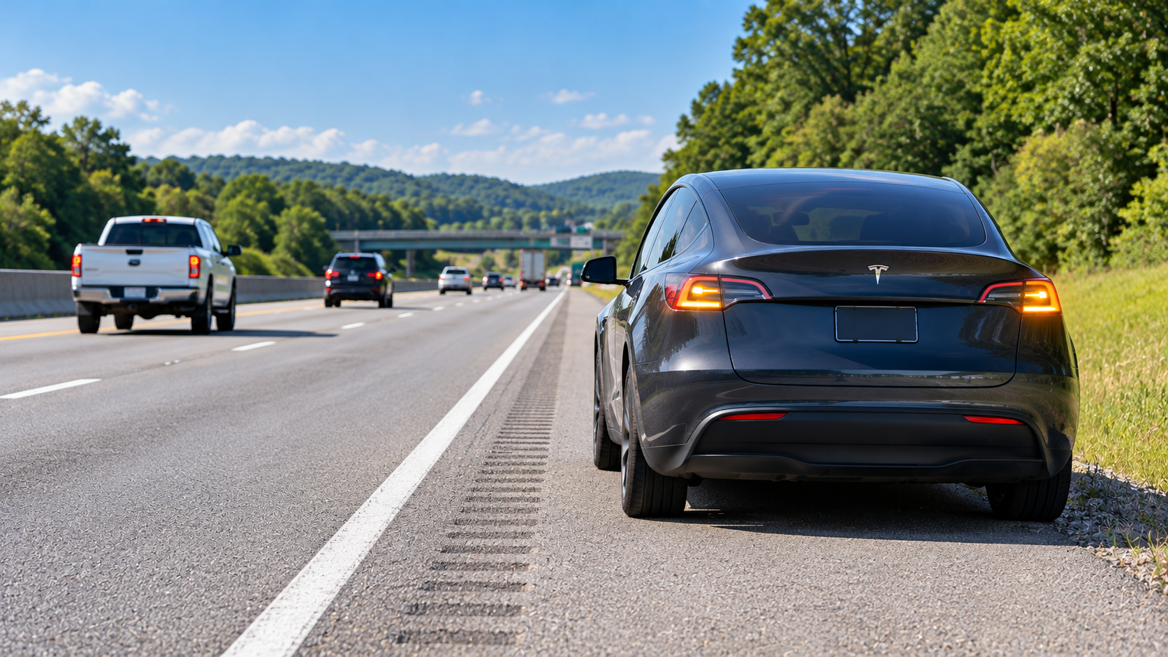 Dark gray Tesla Model Y parked on the paved shoulder of a rural interstate with hazard lights flashing while traffic passes in the travel lanes.
