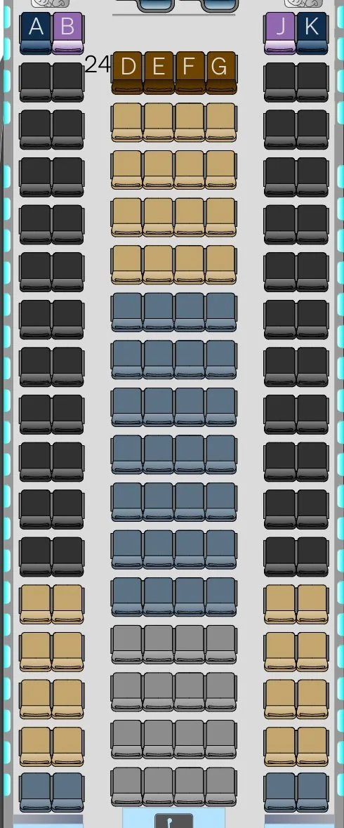 Qantas Airbus A330 economy seat map showing pairs of two seats along each side and four seats in the center.