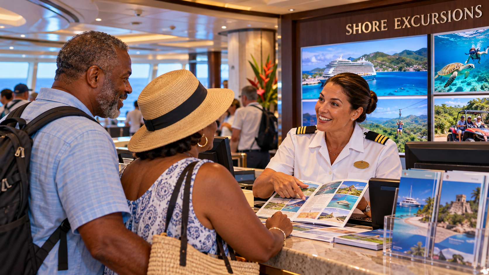 Couple consulting a uniformed crew member at a cruise ship's Shore Excursions desk while reviewing information about their upcoming port visit.