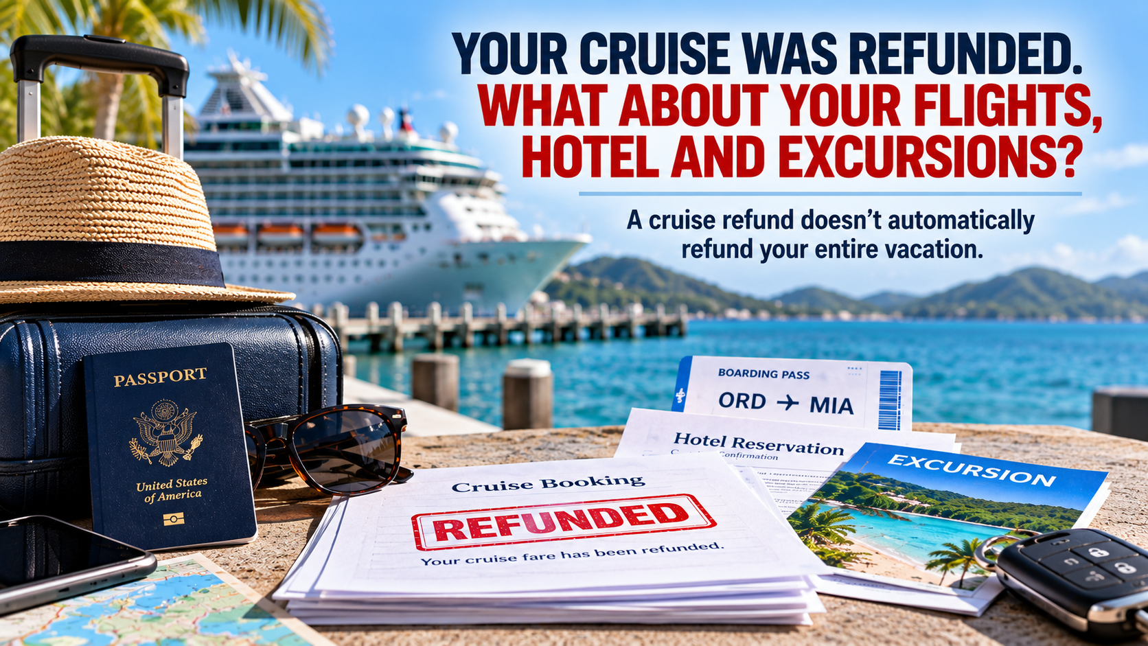 Cruise ship and travel documents including airfare, hotel and excursion reservations surrounding a cruise booking marked refunded.