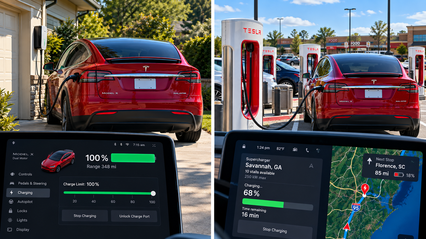 Split road-trip image showing a Tesla leaving home with a 100% battery and later charging to 68% at a Supercharger before continuing the trip.