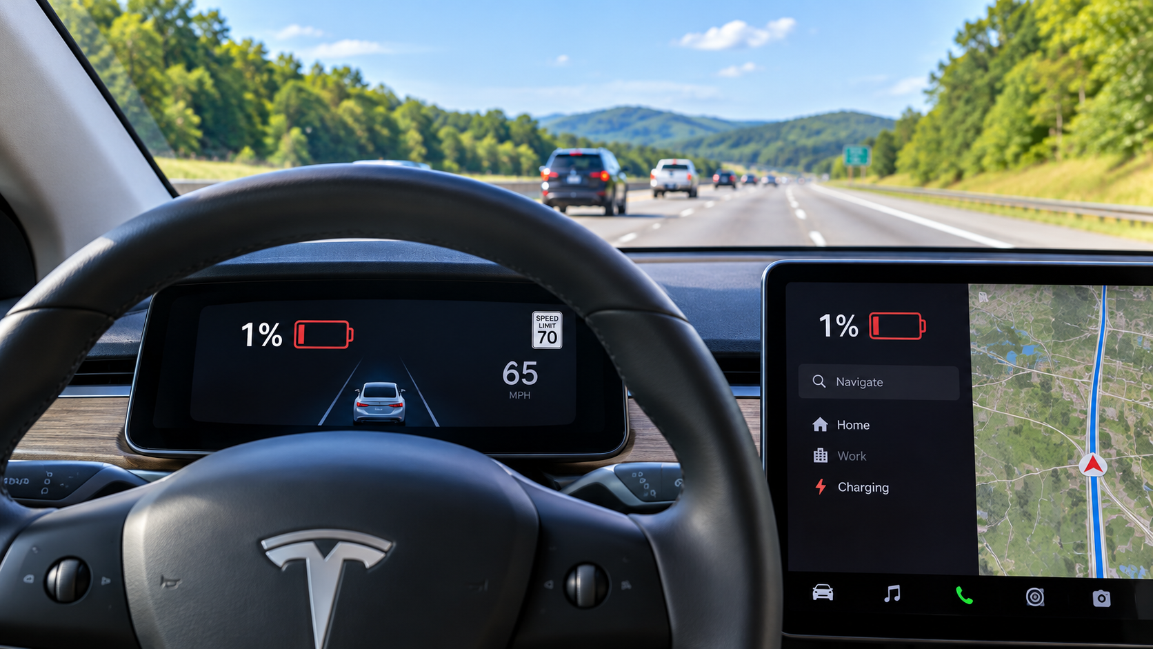Driver's view of an electric vehicle dashboard displaying a critically low 1% battery charge while traveling on a highway.