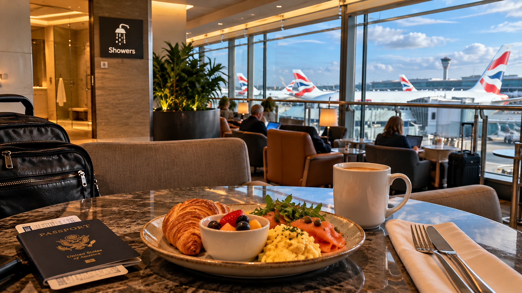 Airport lounge at London Heathrow with showers, food and British Airways aircraft visible through the windows.
