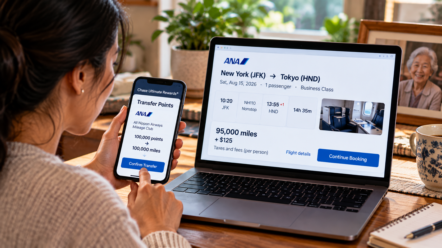 Woman preparing to visit her grandmother in Japan while reviewing award-flight availability and a points-transfer confirmation. The illustrated Chase-to-ANA transfer is not an available direct transfer option.