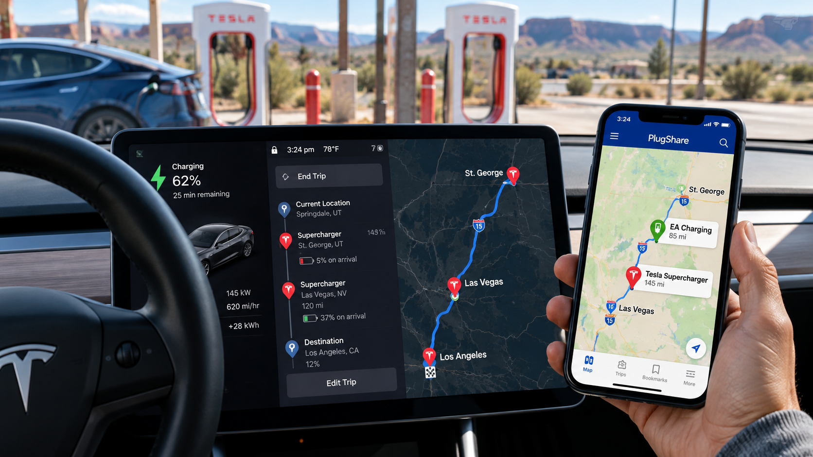 Tesla navigation showing a low projected arrival battery while a smartphone displays a closer public charging alternative.