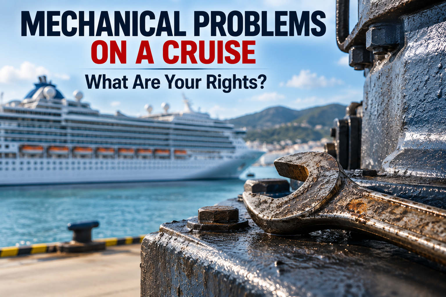 Large wrench resting on ship machinery with a cruise ship in the background and text reading Mechanical Problems on a Cruise: What Are Your Rights?
