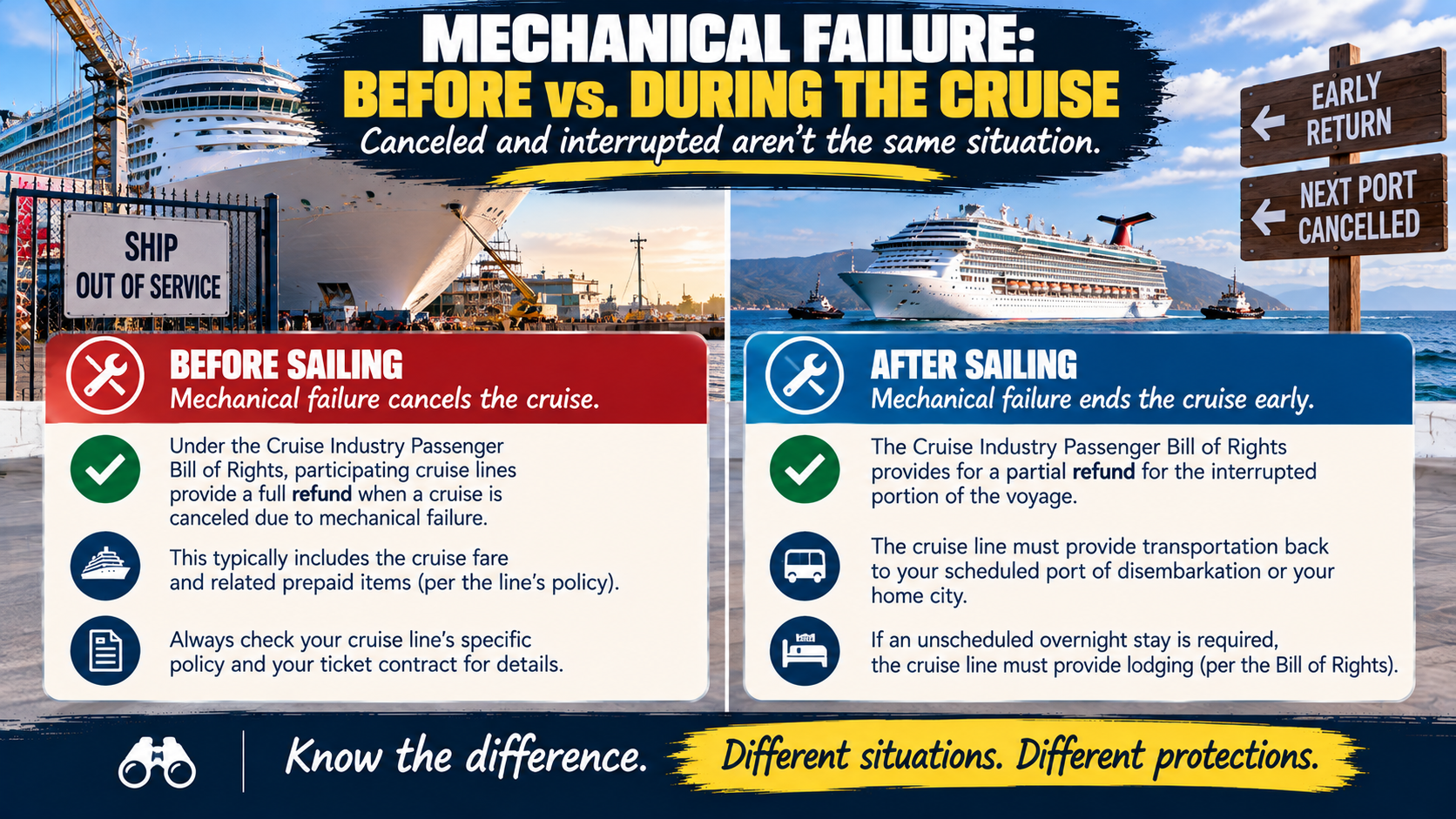Cruise mechanical failure infographic comparing a cruise canceled before sailing with a cruise terminated early after sailing.