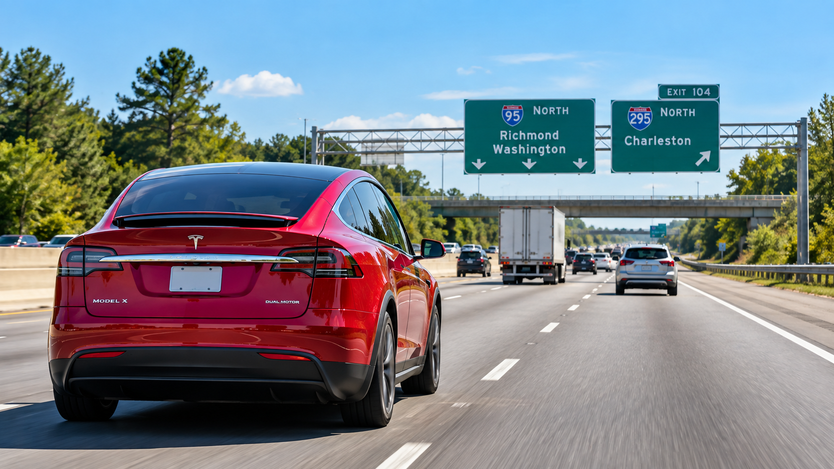 Red Tesla Model X traveling on a typical interstate highway during a long-distance road trip.
