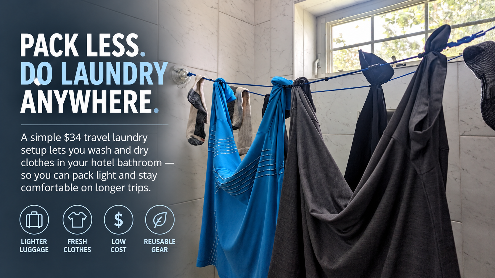 Quick-dry travel clothes hanging from portable clotheslines in a bathroom during a test of a compact travel laundry kit.
