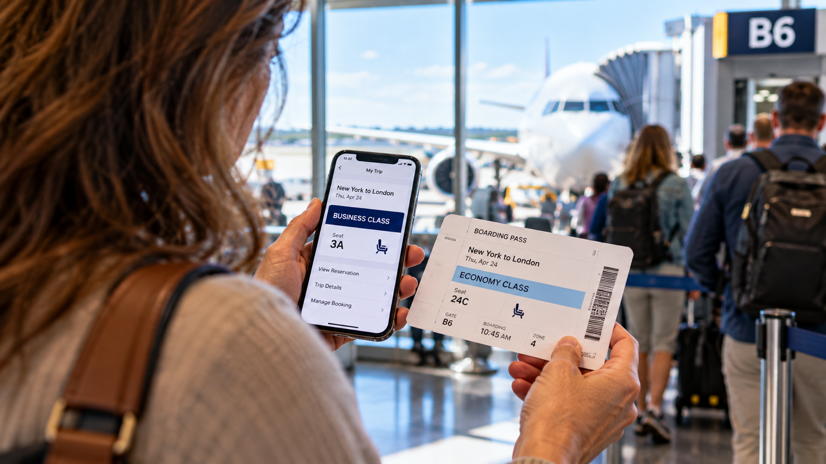 Traveler at an airport gate comparing a Business Class reservation with a replacement Economy boarding pass after an airline downgrade.