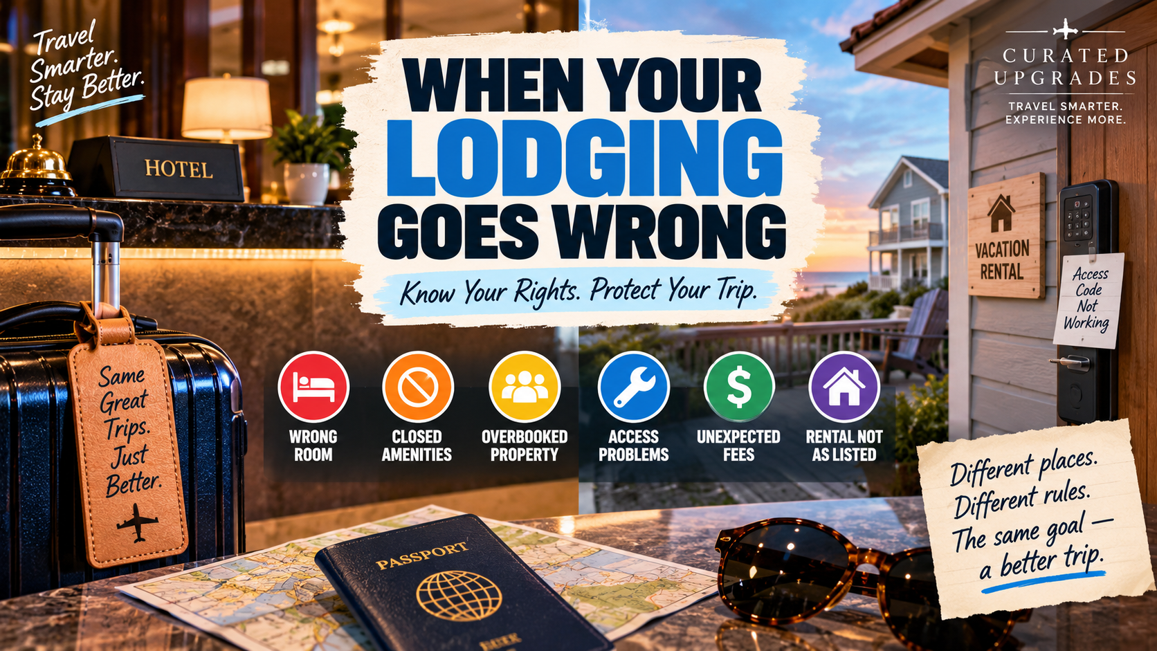 Split scene showing a hotel and vacation rental with common lodging problems including the wrong room, closed amenities, overbooking, access issues, unexpected fees and a rental not matching its listing.
