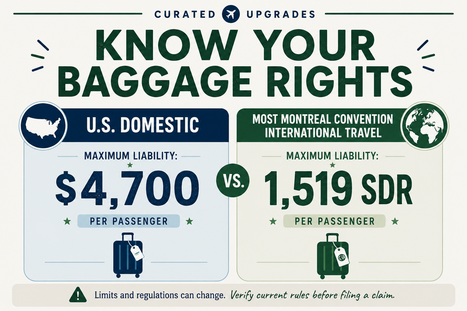 graphic depicting how much liability domestic and international air carriers have for lost luggage