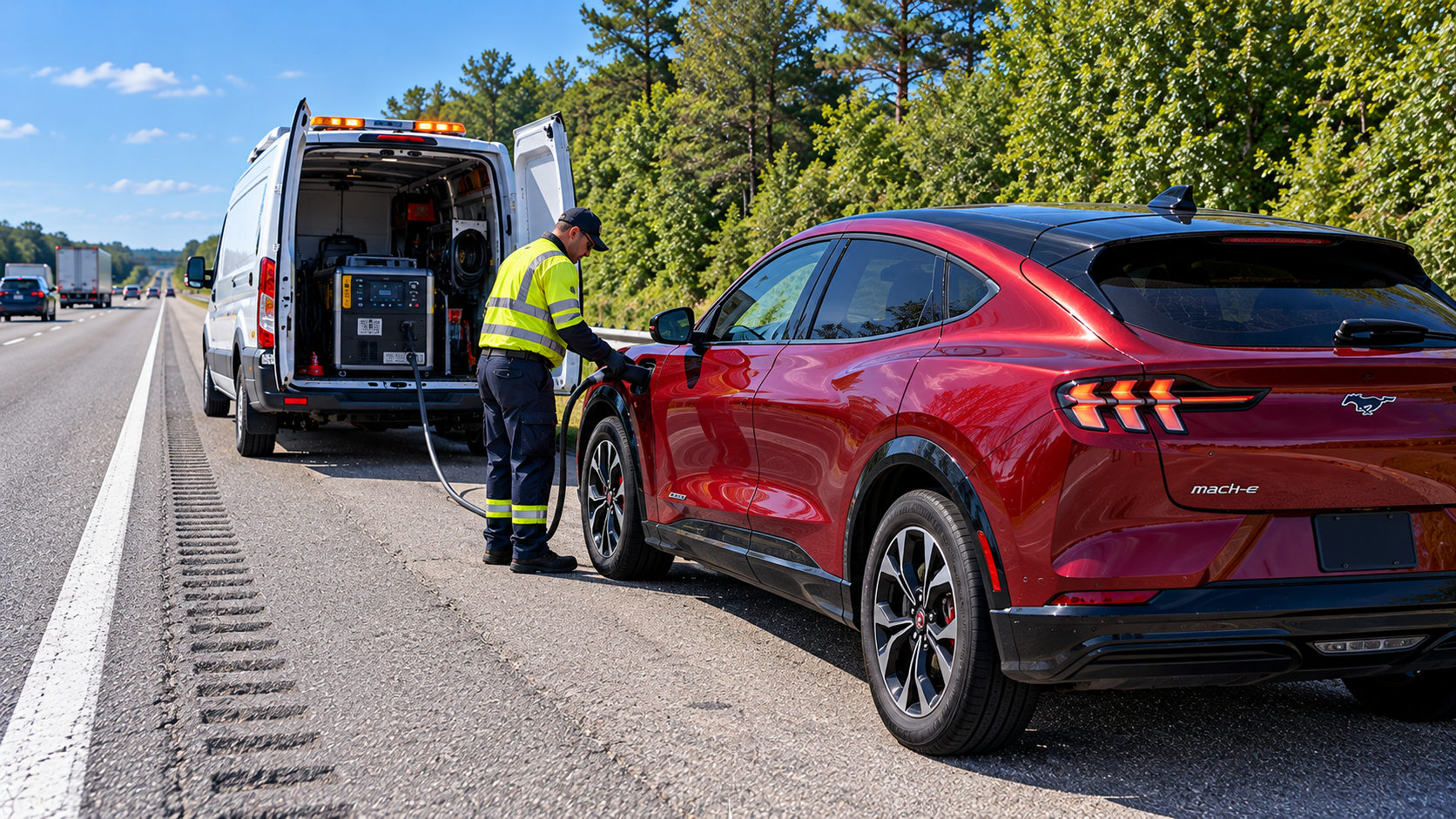 Red Ford Mustang Mach-E parked on a highway shoulder while a roadside assistance technician connects mobile charging equipment to the driver's-side front fender.