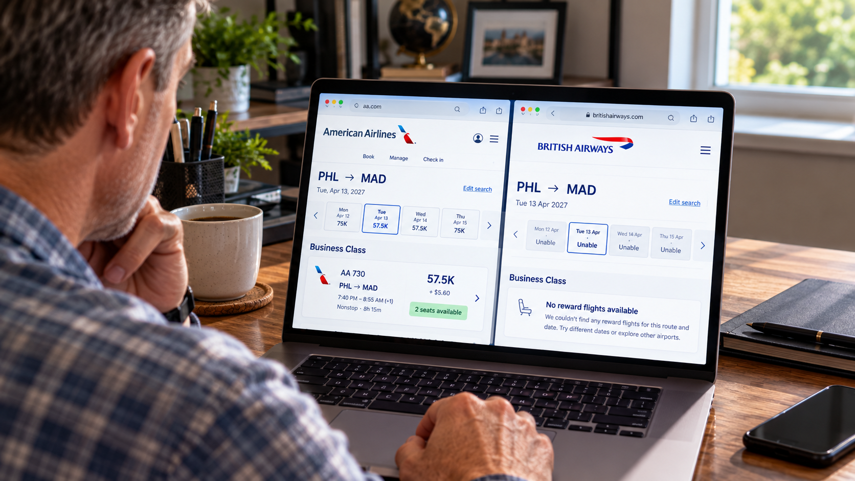 Award searches for the same American Airlines flight showing seats available through American AAdvantage but unavailable through British Airways.