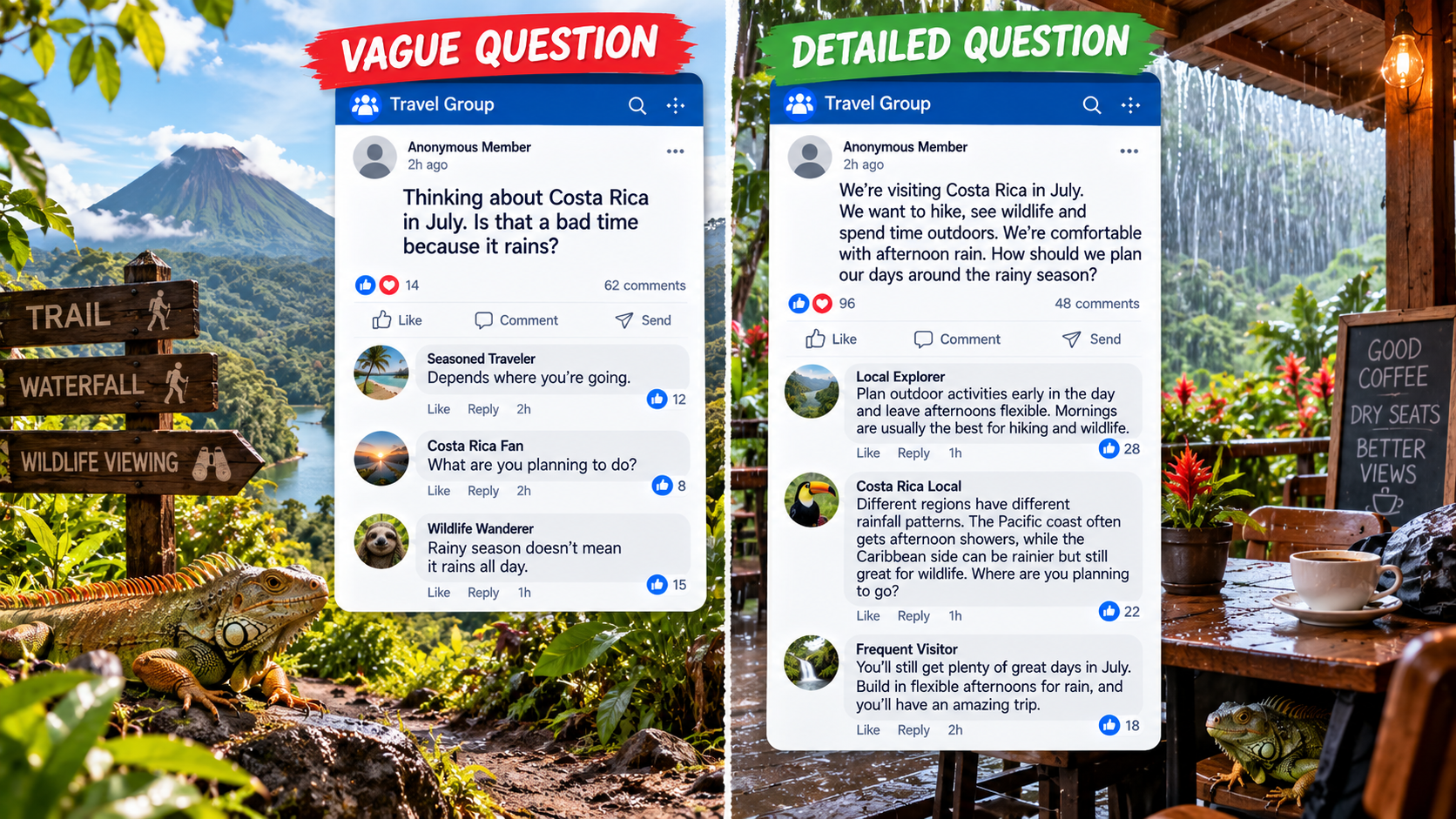 Split Costa Rica scene comparing a vague rainy-season question with a detailed question about hiking, wildlife and planning outdoor activities around likely afternoon rain.