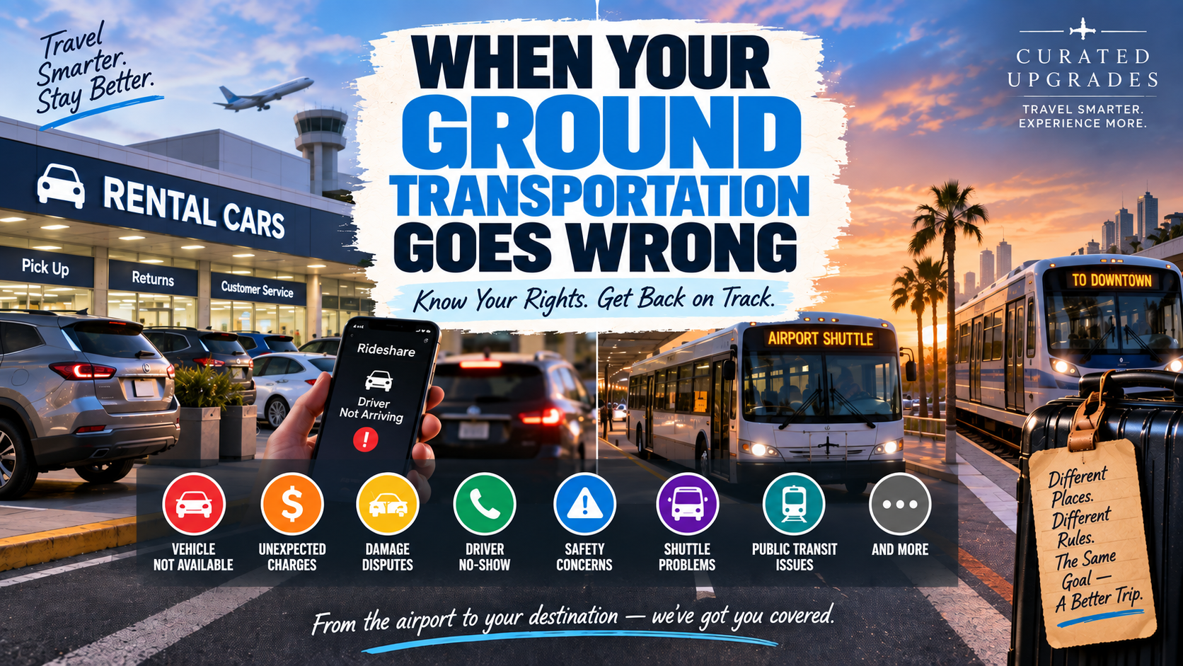 Ground transportation travel scene showing rental cars, a rideshare, airport shuttle and public transit with common traveler problems including unavailable vehicles, unexpected charges, damage disputes, driver no-shows and safety concerns.