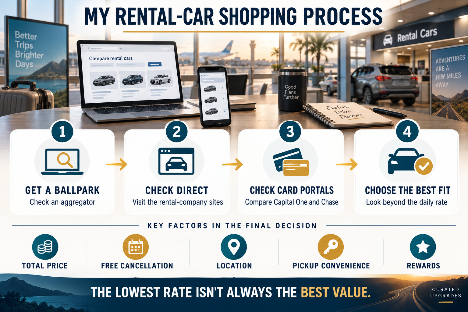 Four-step rental-car shopping process: check an aggregator for ballpark prices, check rental-company websites, compare Capital One and Chase portals, and choose based on total price, cancellation, location, pickup convenience and rewards.