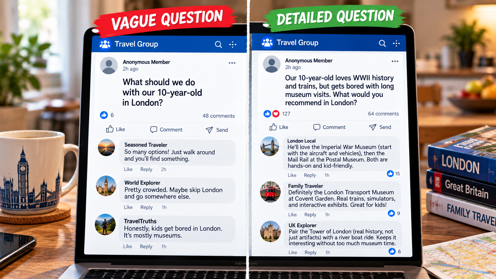 Side-by-side travel group questions showing how a vague request for things to do with a child can become more useful when the child's interests and preferences are included.
